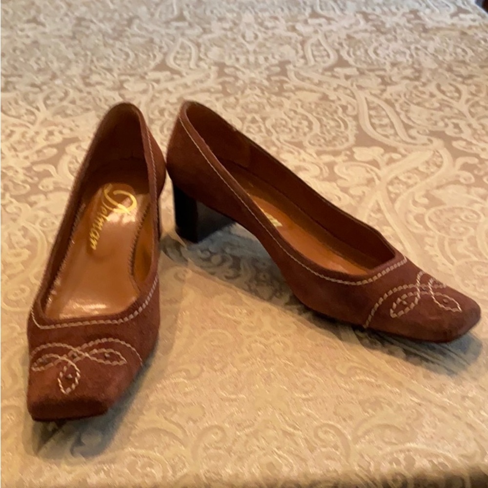 Delman Suede Embroidered Pumps